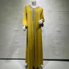 Skiskakiaアラビアのドレスのための女性の秋のゴールデンリボンパッチワークVネック長袖マキシドレスイスラム教徒のトルコの服サテン210730