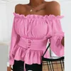 Kobiety Jesień Solidna Off Bluzka Ramię Koszula Sexy Slash Neck Z Długim Rękawem Lace Up Corset Bluouses Spadek Blusas Mujer de Moda