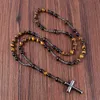 Naturlig svart onyx med tiger ögon sten katolsk christ rosary halsband hematit kors hänge män halsband meditation smycken