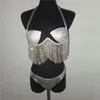 Conjunto de duas peças de vestido prateado com strass e borla sutiã com aro push up bandagem sexy para mulheres magras maiôs