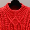 Pull chaud en laine grossière d'hiver, tissé à la main, rétro cool, motif torsadé rouge vif, 210918