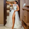 2023 Modern A line Wedding Dresses Bridal Gowns High Neck Keyhole Sleeveless Custom Made Crystal Beads Side Split Open Back Floor 2665