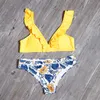 Set bikini push-up sexy Giallo stampa floreale vegetale Donna Boho scollo a V Due pezzi Costumi da bagno Ragazza Costume da bagno da spiaggia Costumi da bagno 210621