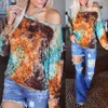 Autumn Women Tshirt Tie-dyed Print Off Shoulder Tops Casual O Neck Long Sleeve Fashion Gradient Pullover T Shirts 210526