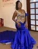 2022 Plus Size Arabski ASO EBI Royal Blue Mermaid Prom Sukienki Koronki Zroszony Satynowy Wieczór Formalna Party Druga Recepcja Druhna Suknia Dress ZJ164