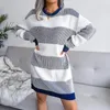 Robes décontractées robe pull femme 2021 automne et hiver arrivées manches longues tricoté dames rayé lâche bleu gris