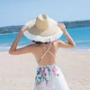 ワイドブリム帽子vriginer夏ヴィンテージフリンジストローハット10cmジャズビーチパナマサン女性ホリデットボンネットエンファントキャップELOB22