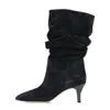 Dameslaarzen Snakeskin Print Geplooide Mid Hak Party Schoenen Puntschoen Slip op Sexy Stiletto Women Motorcycle Boot