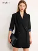 AMII Minimalism Autumn Causal Women Set Solid Lapel Double Breasted Office Coat High Waist Loose Shorts Female Suit 12060012 211105