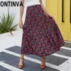 Mulheres Verão Vermelho Vermelho Vermelho Cópia Floral Midi Saia Senhoras Elegante Cintura Elástica Plissada Uma Linha Beach Holiday Casual Retro Jupe Saia 210527