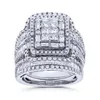 Anéis de casamento charme feminino branco cristal pedra anel conjunto luxo grande cor prata para mulheres vintage nupcial quadrado engagement2622426