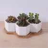 4pcs Hexagon Flowerpots White Ceramic Succulent Plant Pot with Bamboo Stand Small Bonsai Pots Green Planters Home Decor Y200709