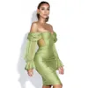 Summer Women's Green Sexy Strapless Mesh Lantern Sleeve Fashion Tight Club Party Draping Mini Dress Vestidos 210525