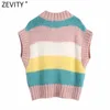 Zevity Spring女性のファッションVネックカラーマッチストライプカジュアルニットセーターシックなレジャーノースリーブベストトップスS613 210603