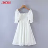 Tangada Yaz Kadın Beyaz Pamuklu Plaj Elbise Kare Yaka Puf Kısa Kollu Bayanlar Mini Elbise Vestidos 8m03 210609