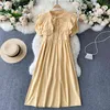 Koreanische Frauen Kurzarm Sommerkleid Solide Oansatz Hohe Taille Damen Elegante Midi mit Rüschen Schal Casual Kleidung 210603