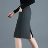 Осеннее зимнее прибытие Черная шерстяная юбка OL Высокая талия для эластичной юбки Женская карманная юбка с ремнем 210311