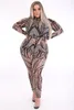Women's Jumpsuits & Rompers Women Sexy Mesh Sheer Bodycon Long Sleeve Geometric Printed Casual One Piece 2021 Club Clothing