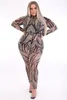 Dames Jumpsuits Rompertjes Dames Sexy Mesh Sheer Bodycon Lange Mouw Geometrische Gedrukt Casual One Piece 2021 Club Kleding