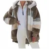 Winter Faux Bont Damesjas Hooded Lange Mouw Cardigan Rits Zakken Losse Patchwork Striped Fashion Casual Coat Y0829