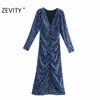 Zevity Women Vintage Vネックフラワープリントプリーツシャツレディース長袖バックジッパーヴェスティドシックスプリットドレスDS4516 210707