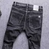Ly designer mode mannen jeans hoge kwaliteit elastische slim fit gescheurd retro zwart grijs borduurwerk casual denim broek 0hjl