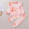 1-4Years pasgeboren baby baby meisjes kleding sets ruches lange mouw stropdas kleurstof tops T-shirts + broek mode kinderen meisjes kleding groothandel