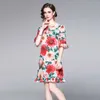 Kvinnor Elegant Vintage Blommor O Neck Flare Ärm Sommar Casual Party Robe Femme Designer Red Print Ruffles Dress Vestidos 210525