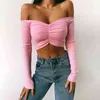 Off Shoulder Crop Top Women Summer Long Sleeve T Shirt V Neck tshirt Elegant Party Club Tee Shirt Femme Dames Streetwear G220228