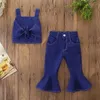 Perakende Çocuklar Kız Kıyafetler Setleri Giysi Ilmek Denim Gömlek Yelek + Flare Kot Yaz Toddler Giyim E194058 210610