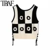 TRAF Women Fashion Floral-Shop Crochet Knit Vest Sweater Vintage Ärmlös Sida Slipsar Kvinnor Waistcoat Chic Toppar 211009