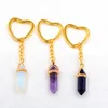 Ouro Hexágono Prisma Reiki Healing Stone Natural Chaveiros Chakra Ametista Rosa Rosa Cristal Coração Chave Chave Keyrings Mulheres Homens Jóias