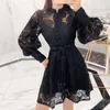 Casual Dresses 2021 High Quality Luxury Design Runway Dress Autumn Women Sexy Waist Lace Hollow Out Lantern Sleeve Mini Whith Belt