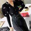 Twotwinstyle patchowrk payetli caidigans kadınlar için v boyun puf kollu ince siyah kazak kadın yeni gelgit giyim sonbahar 210218
