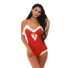 Europe And America Christmas Red Lingeries Sexy Hot Transparent Women Hot Style Erotic Lingerie Bodysuit 211208