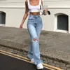 Women Vintage Ripped Flare Bell Bottom Jeans High Waisted Wide Leg Raw Hem Denim Pants Casual Slim Fitting Trousers with Pocket4803598