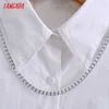 Tangada Kobiety Łańcuch Dekoruj Białe Koszule Z Długim Rękawem Solid Coll Collar Eleganckie Biuro Panie Nosić Bluzki 3C7 210609