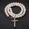 Pearl Chain Necklace Cross Pendant Hip Hop Necklaces for Women Men 8~10mm Pearls Beads Link Vintage Necklace Statement Jewelry Gift