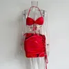 Menas de banho feminina Xlllais Mulheres usando biquíni 2021 Chegada Clube de roupas de praia de verão Hollow Out Red French 3 Peças Conjuntos