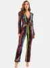 Mode Multicolor Gestreepte Pailletten Sexy V-hals Lange mouw Riem Design Celebrity Party Jumpsuit 210527