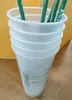 Starbuckss 24oz/710ml Plastikbecher Wiederverwendbarer klarer Trinkbecher mit flachem Boden Säulenförmiger Deckel Strohbecher Bardian 50 Stück Kostenloser DHL