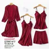 Daeyard Silk Pajamas For Women Floral Appliques 4 Pieces Pyjamas Set Nightwear Sexy Lace Satin Robe Pjs Sleepwear Home Clothes Q0706