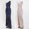 One Shoulder Silver Navy Stretchy Party Dress Sequin Hollow Out Split Leg Floor Length Bydocon Long Dresses 210302