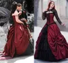 Vintage Victorian Ball Gown Wedding Dresses Black And Dark Red Ruched Tiered Gothic Wedding Gowns With Lace Long Sleeve Shawl Corset Bride Masquerade Dress