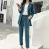Primavera outono moda mulheres terno corduroy 2 peça conjunto azul cinza botão blazers com calças longas escritório senhora desgaste plus tamanho 210527
