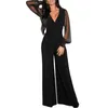 Women Sexy V-neck Black Jumpsuit See-through Mesh Patchwork Rompers Elegant Ladies Office Overalls Clothes Wide Leg Pants D30 210317