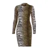 long sleeve high neck leopard print sexy bodycon mini dress autumn winter women fashion Christmas party clothes 210607