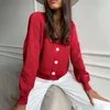 Lady Casual Decote em v Decote Solto Cardigan Mulheres Botões Lanterna Sleeve Suéters Básico Básico Branco Outono Outono Inverno Tops 210914