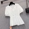 Kvinnor SHIRTS OVERSIZED BLOASES FEMALE TOPS Vit Vanlig Blusa Loose BF Koreansk stil Sommar Vit Fickor Toppar Kontor Lady 210604