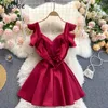 Neploe Elegant Ruffles Patchwork Slim Dress Women High Waist Hip A Line Vestidos V Neck Short Sleeve Solid Robe Summer 2021 New Y0823